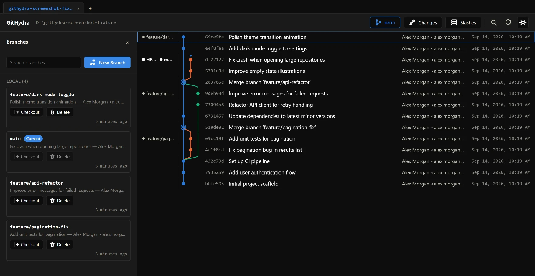 GitHydra's commit graph showing a merge-heavy branch history, with lane colors marking each branch and a merge commit shown as a larger interchange node, in dark theme.
